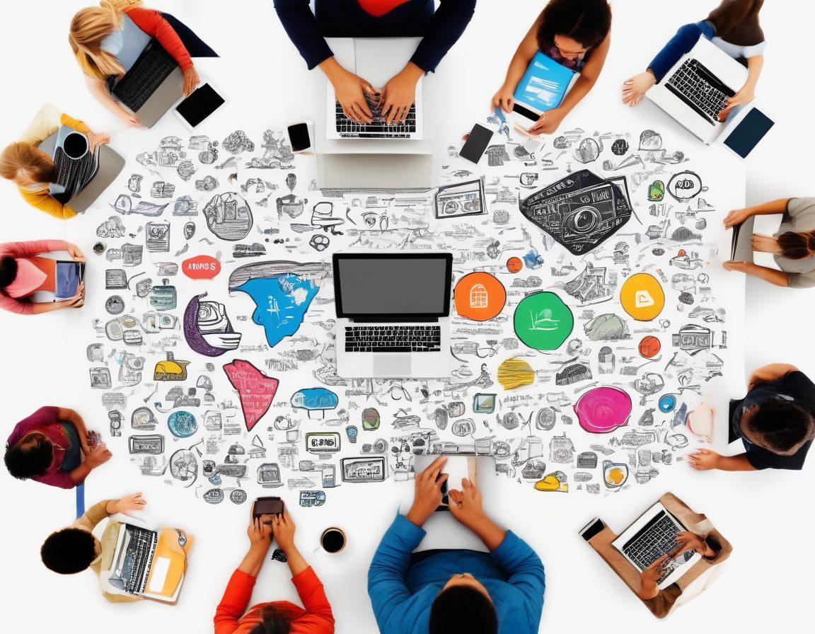 A visually captivating collage featuring a diverse group of bloggers from around the world, each engaged in writing on various devices like laptops and tablets, surrounded by colorful icons representing tips and trends like hashtags, charts, and social media logos. The background showcases elements of different cultures blending together, symbolizing global storytelling. The scene is vibrant, encouraging, and inspiring. super-realistic. vibrant colors. white background.