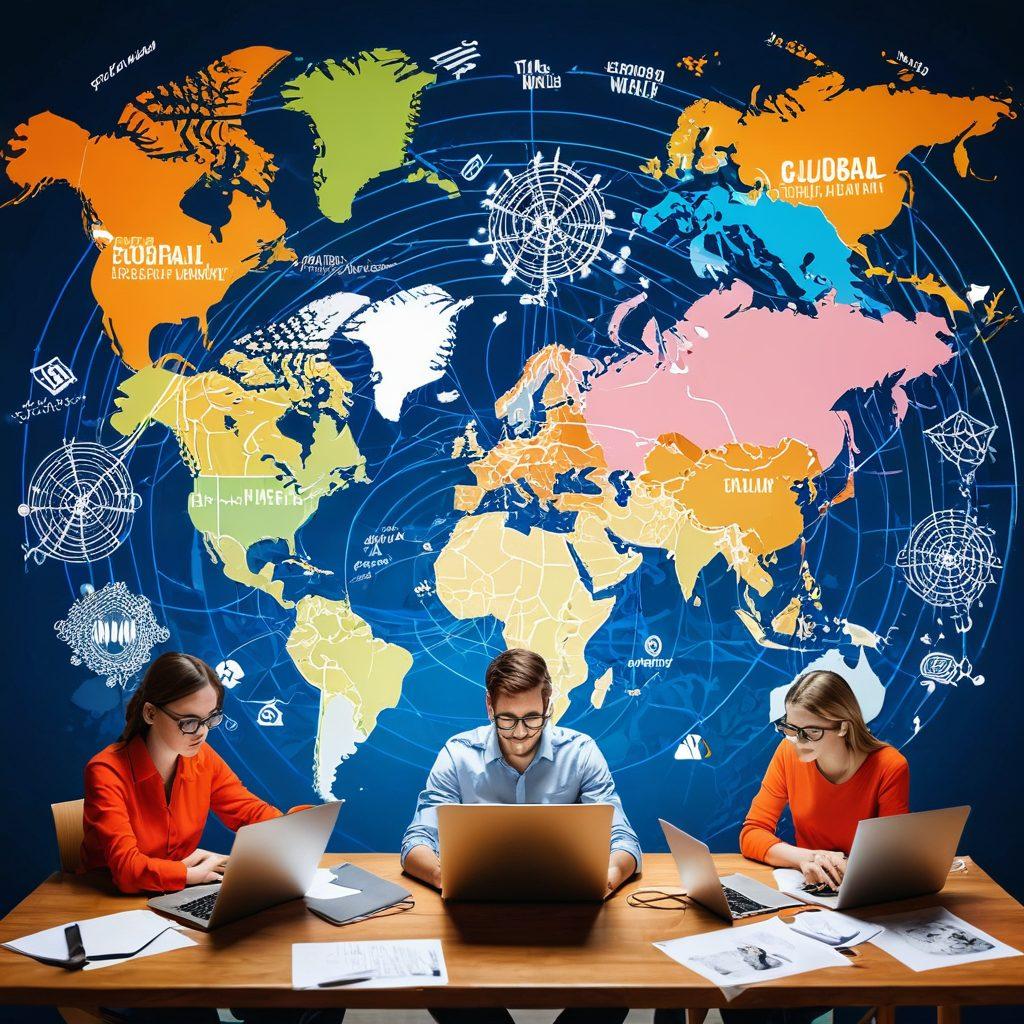 A dynamic scene showcasing a diverse group of bloggers surrounded by laptops and digital devices, passionately sharing stories on various platforms. In the background, a vibrant world map illuminated with interconnected lines symbolizing global reach. Elements of creativity like a pen, camera, and notepad scattered around to represent storytelling tools. The atmosphere is energetic and inviting, urging viewers to join the movement. super-realistic. vibrant colors. 3D.